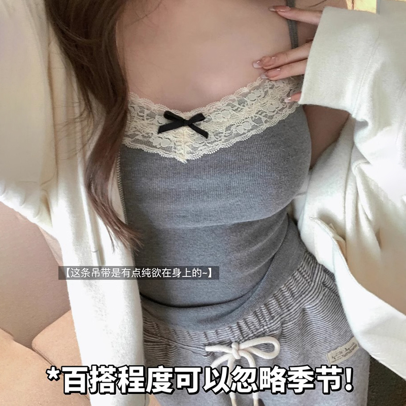 蕾丝吊带背心女2024新款带胸垫甜辣妹性感bm短款上衣纯欲内搭外穿