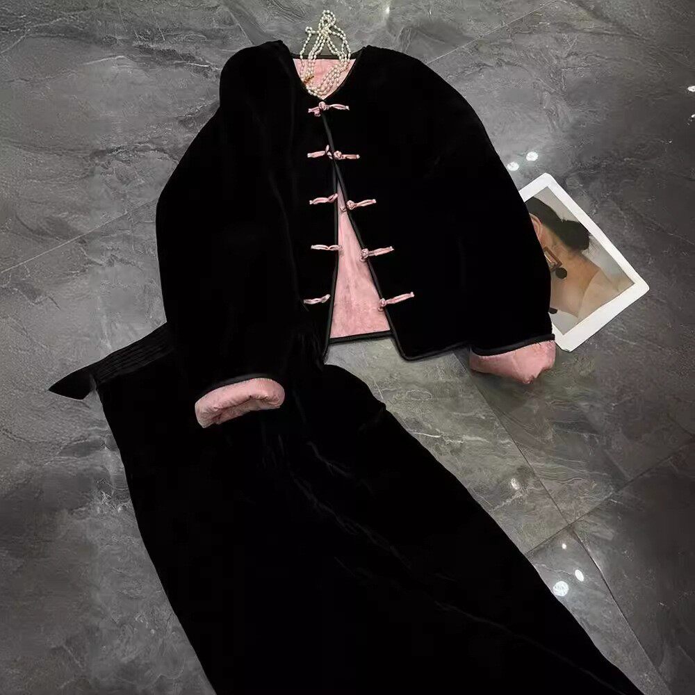 秋冬装搭配一整套高级感千金风新中式国风盘扣丝绒外套半身裙套装