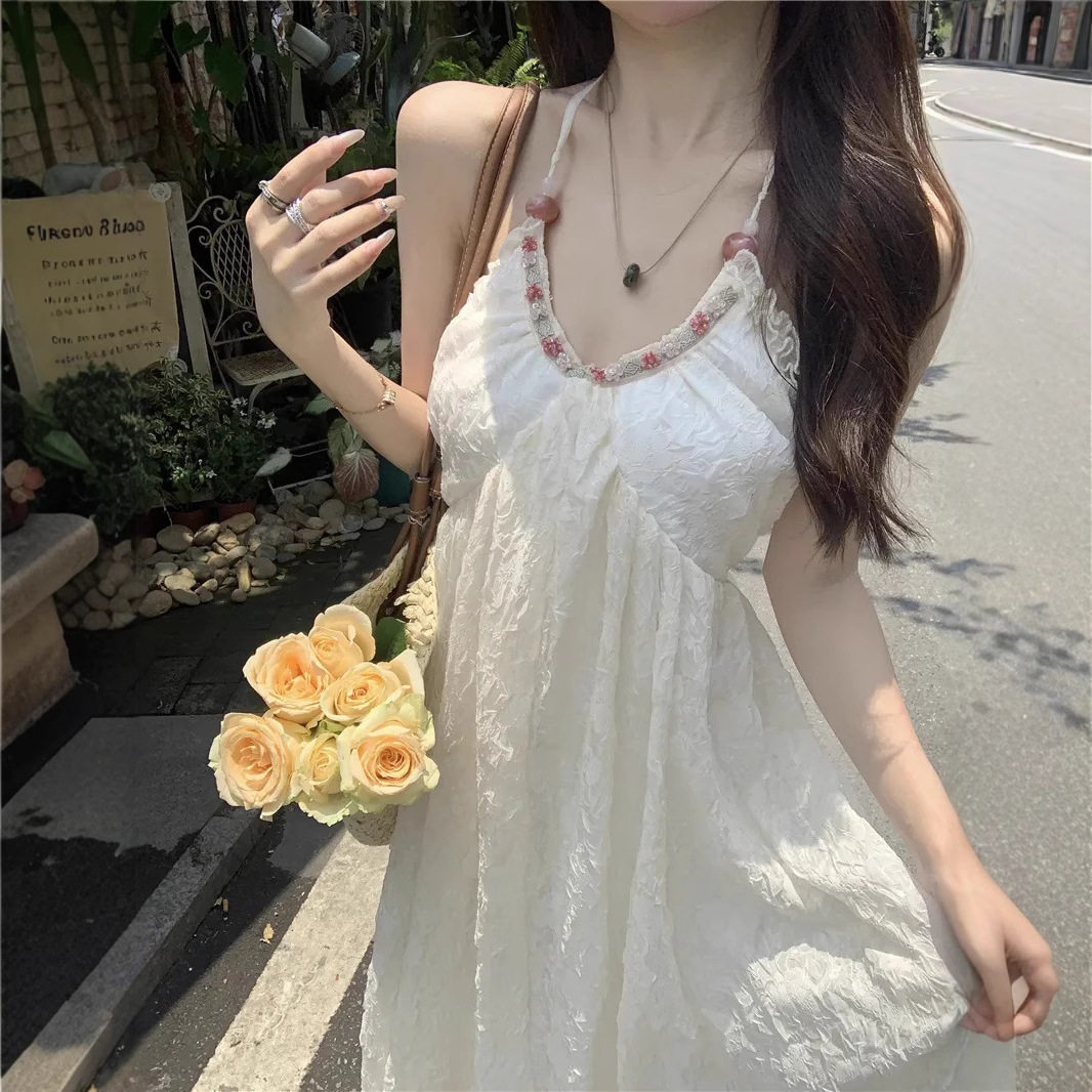 【】洛月花神~纯欲风露背挂脖吊带裙印花雪纺海边连衣裙优雅