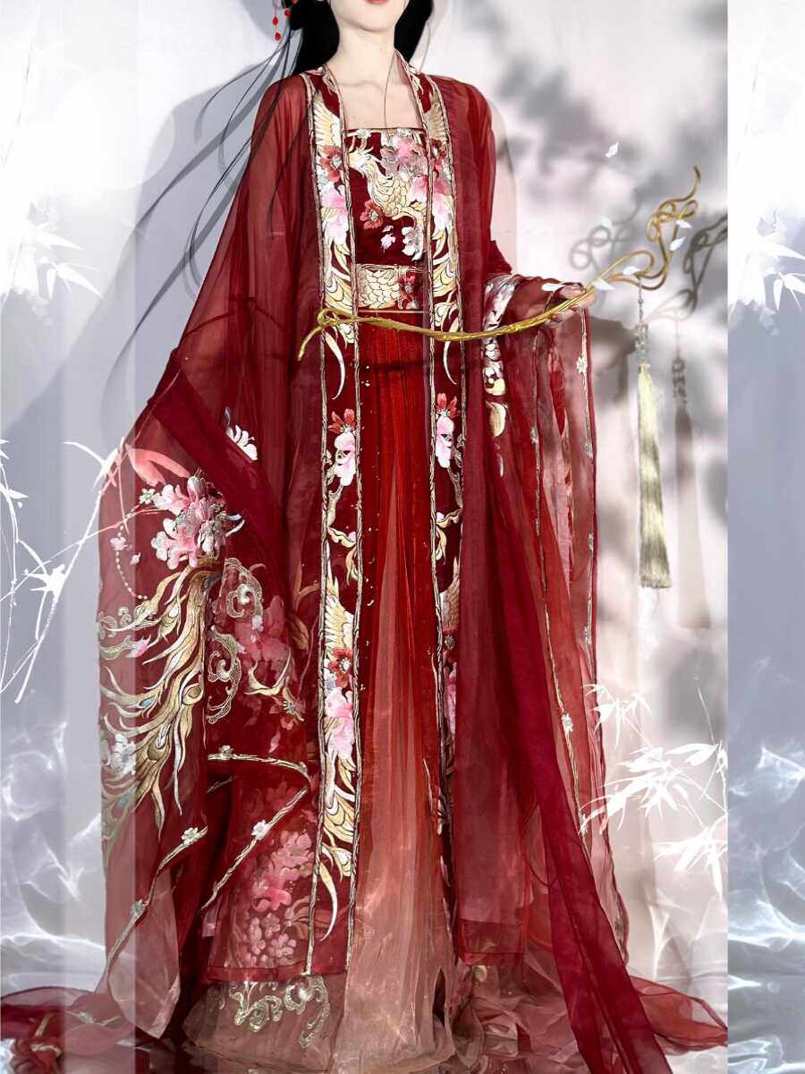 原创新款汉服女霓裳羽衣重工刺绣超仙大袖衫唐制吊带齐腰春夏套装