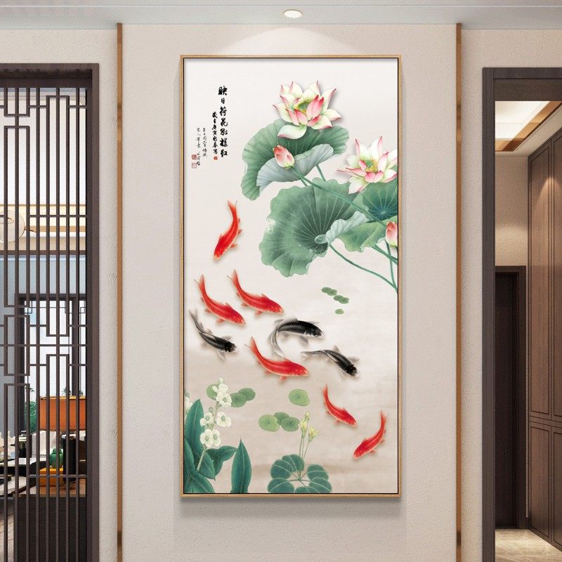 进门入户b新中式九鱼图玄关装饰画荷花轻奢走廊尽头竖版过道壁挂,家居饰品,现代装饰画,淘宝优惠券,粉丝福利购,淘宝优惠卷