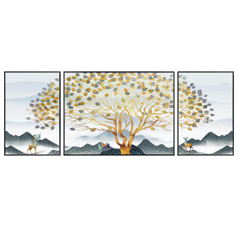 网红沙发背景挂鹿画现简客约黄y厅三联画发财树装饰画北欧金代麋