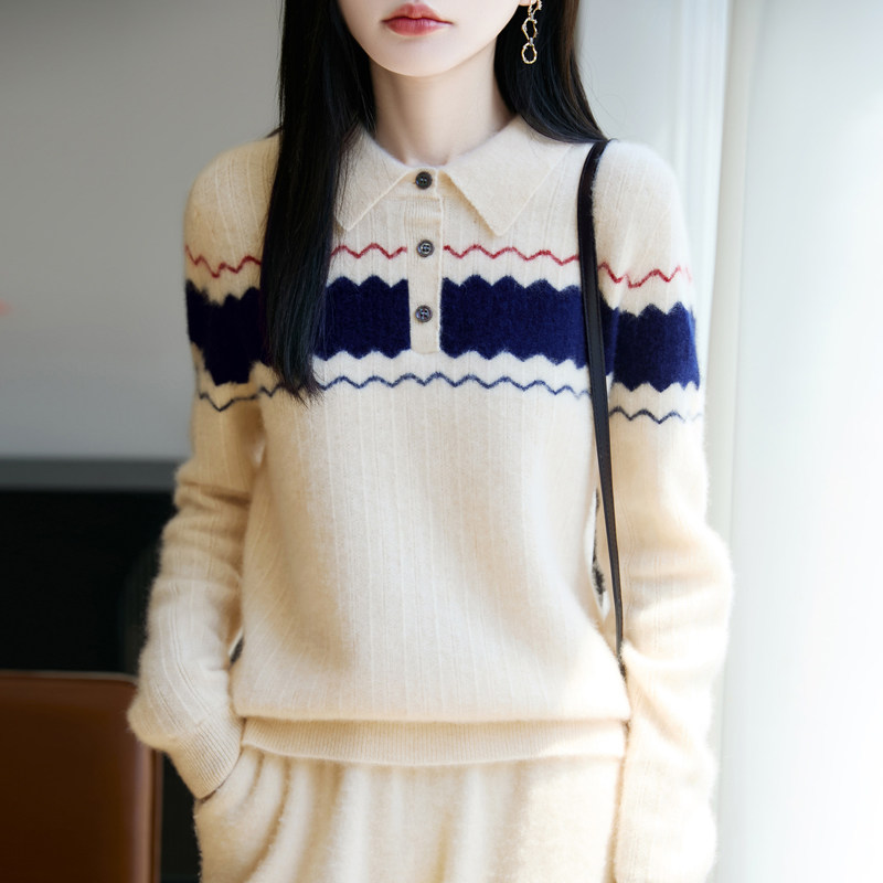 新款 清新学院风波浪纹拼色Polo羊毛衫百搭针织毛衣女