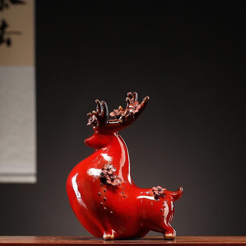 陶瓷梅花鹿摆件中式创意轻奢简约现代家居K办公桌面橱柜装饰电视