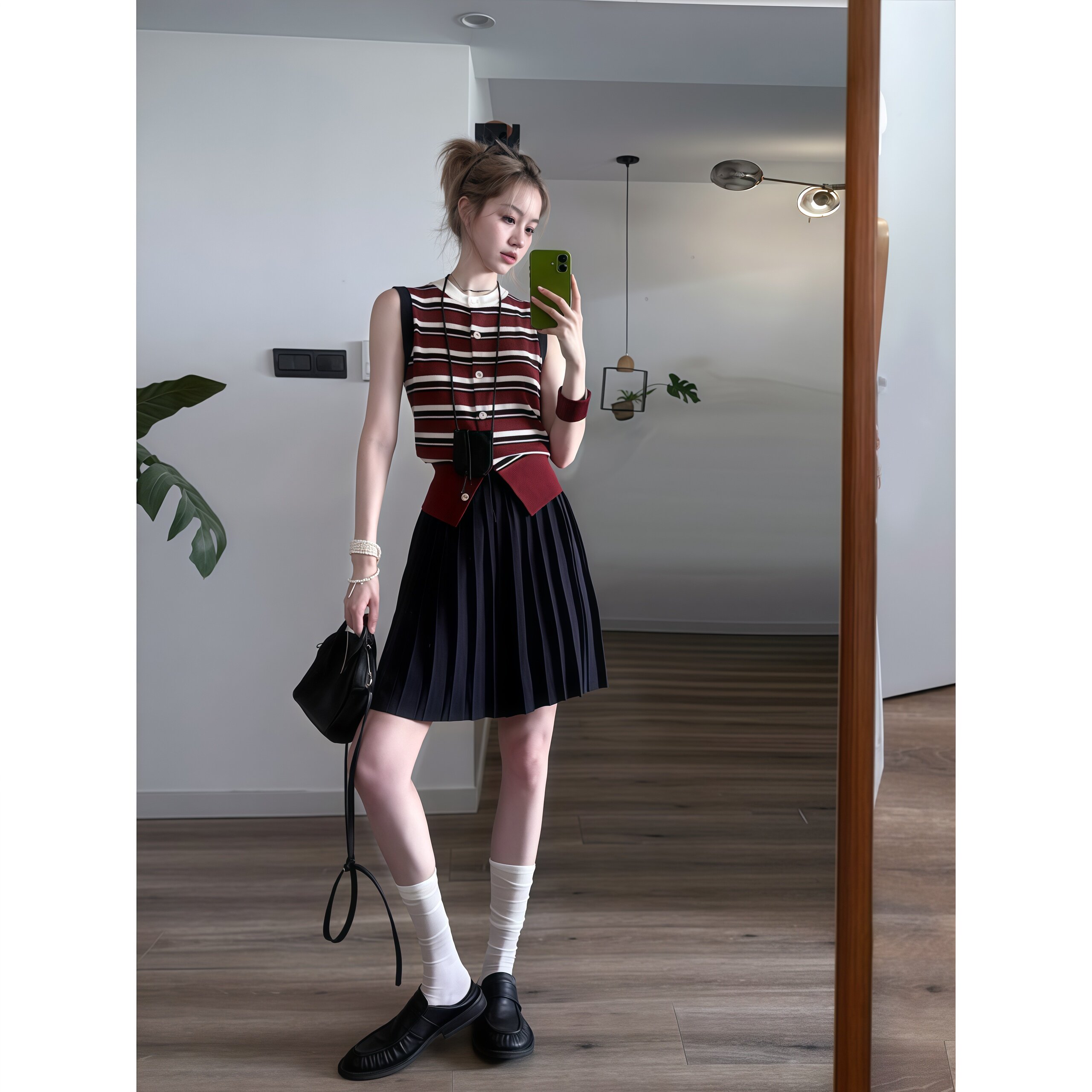 韩式学院风条纹背心女装夏季新款高腰百褶裙设计感收腰显瘦两件套