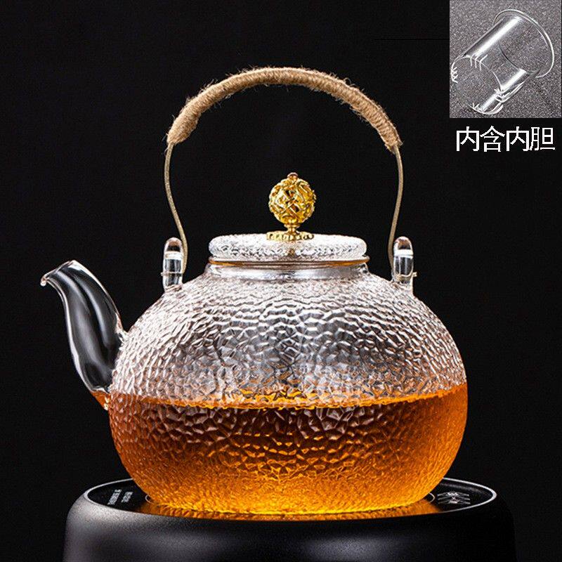 茗言手工铜珠提梁壶耐热玻璃煮茶壶大容量锤纹烧水壶700/900毫升
