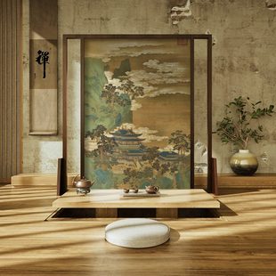 可移动屏风隔断客餐厅玄关茶室酒店办公室酒店座屏国画山水 新中式