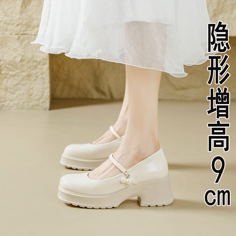 2026新款夏季内增高玛丽珍鞋女粗跟白色法式小个子厚底高跟单鞋女