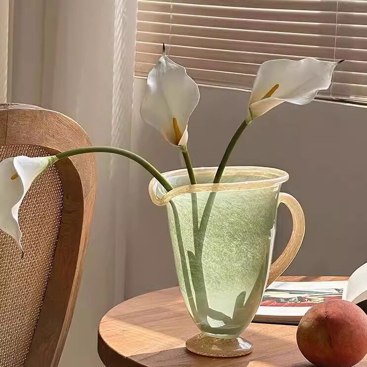 绿色玻璃花瓶中古风琉璃质感玉色奶壶花器插花水养家居桌面装饰品