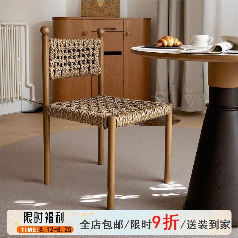 中古风绳编实木餐椅复古风家用餐厅酒店靠背椅民宿白蜡木草绳椅子