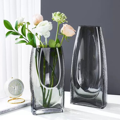 轻奢玻璃花瓶透明扁口旺苍创意水培鲜花客厅餐桌插花瓶装饰摆件