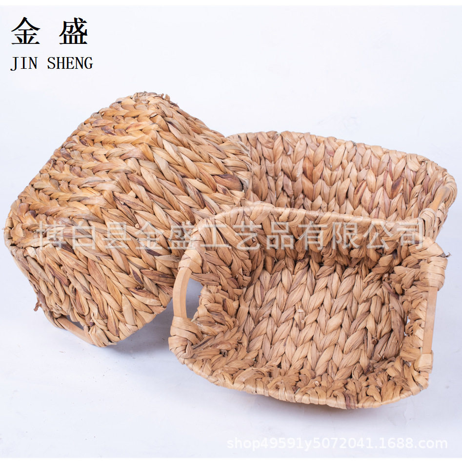 手工编织木把手水葫莲简约家用收纳筐 储物篮 果蔬篮
