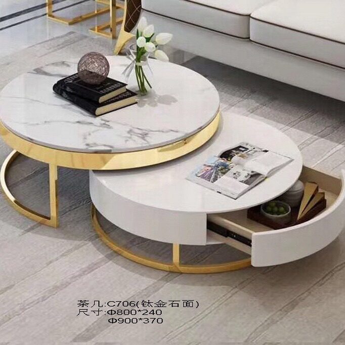 时尚网红大理石圆形茶几大小户型可收纳办公室休闲洽谈玻璃咖啡台