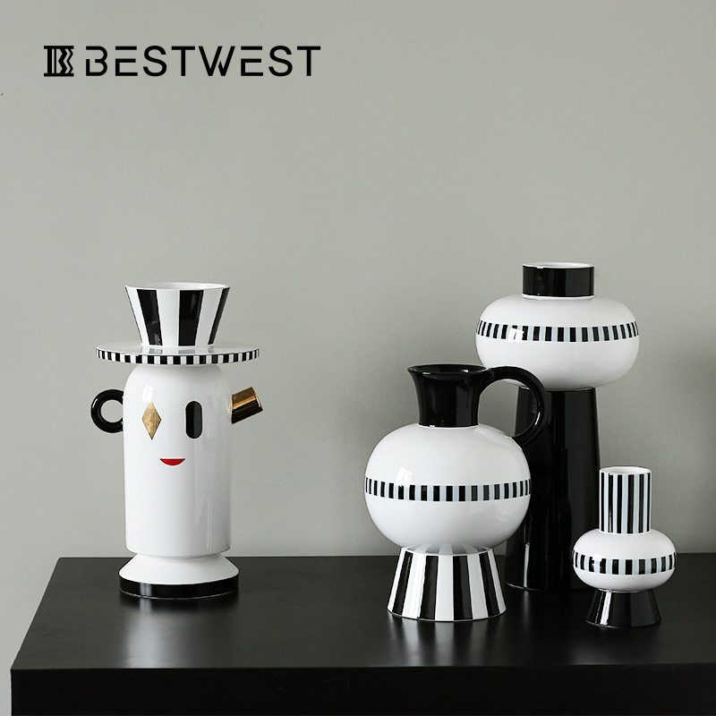 Best west 美式条纹釉面陶瓷花瓶摆件家居客厅电视柜轻奢软装饰品