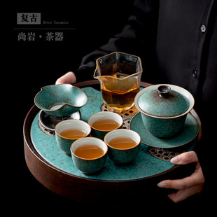 绿色盖碗茶具套装陶瓷家用复古窑变办公室会客茶壶茶杯整套泡茶器