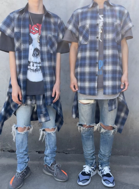 鲨魚CLUB定织定染og自主3rd蓝格子坎肩高街风叠穿内搭衬衫春秋款