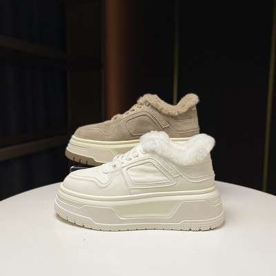 加绒板鞋真皮厚底增高百搭德训鞋