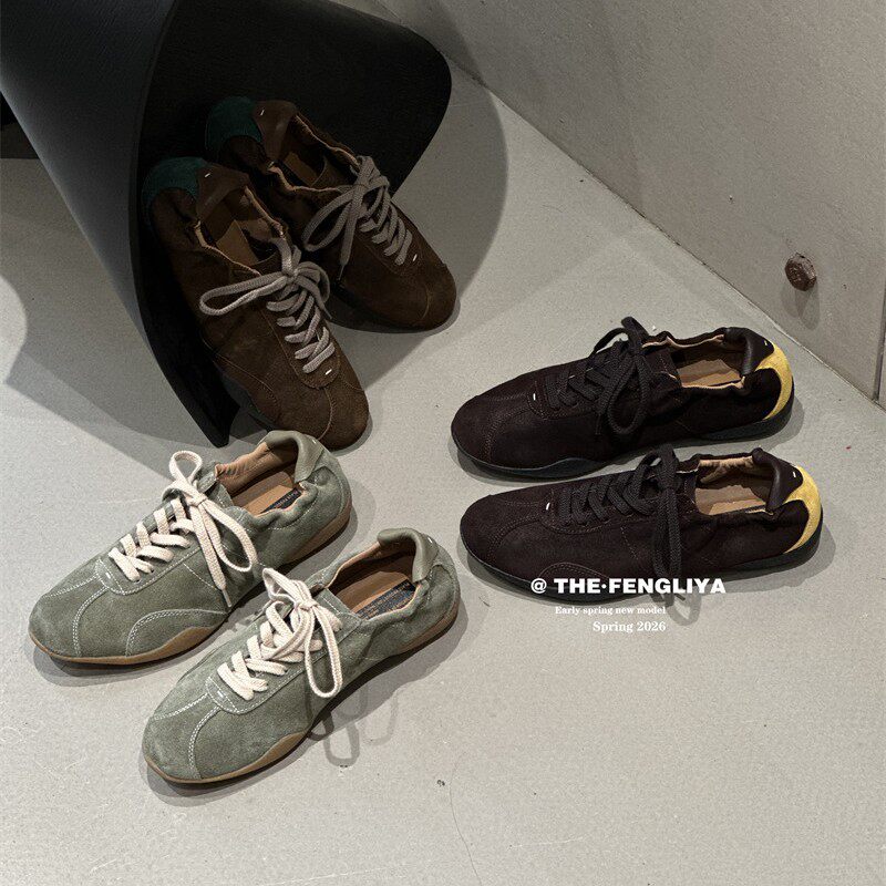真皮复古厚底老钱风褶皱德训鞋女2026春夏新款百搭休闲阿甘运动鞋