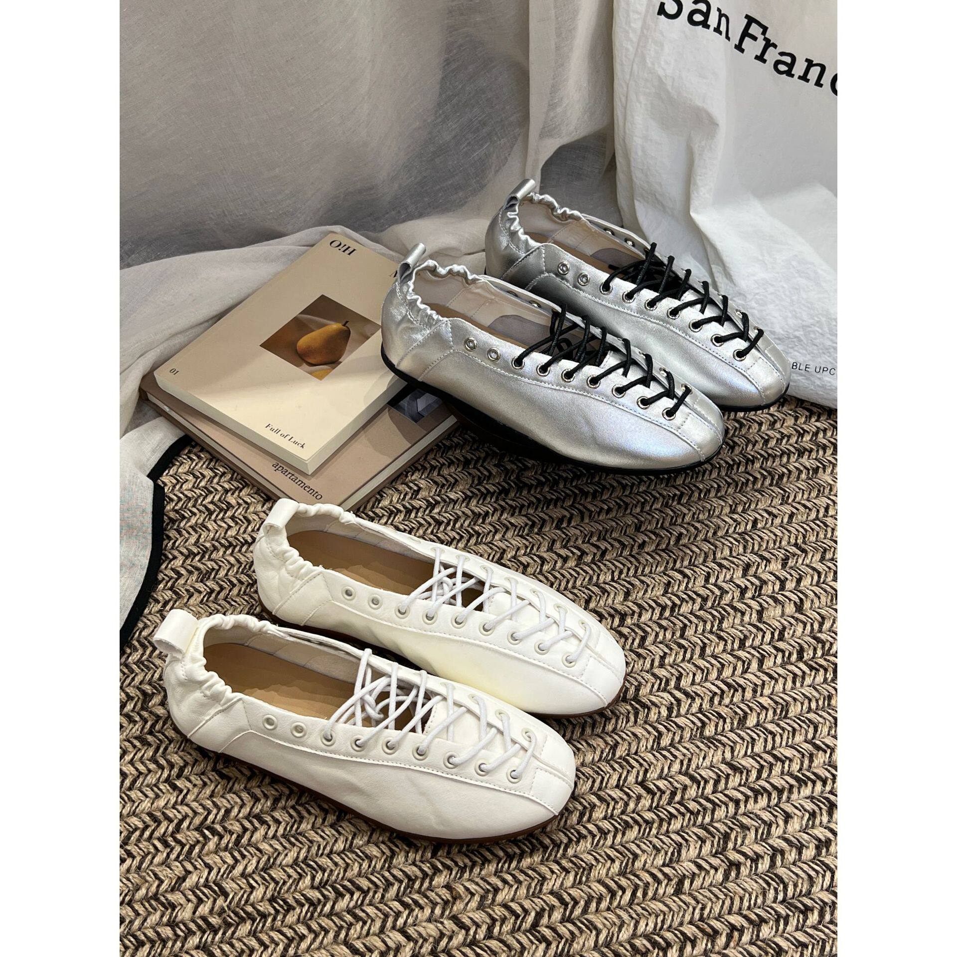 葡萄ma同款2026夏季法式绑带编织镂空单鞋女松紧真皮平底芭蕾舞鞋