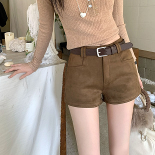 女秋冬新款 显瘦靴裤 韩版 修身 百搭腰带包臀热裤 咖啡色麂皮绒短裤