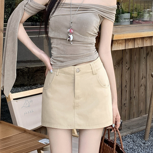 卡其色半身裙女2026春夏新款百搭显瘦a字裙水洗棉裙裤口袋短裙子