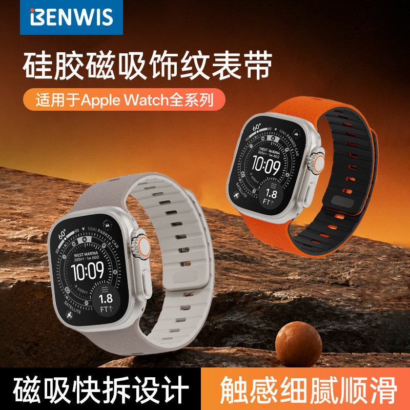BENWIS适用于苹果S11/S10手表带硅胶磁吸快拆Apple Watch表带金属扣