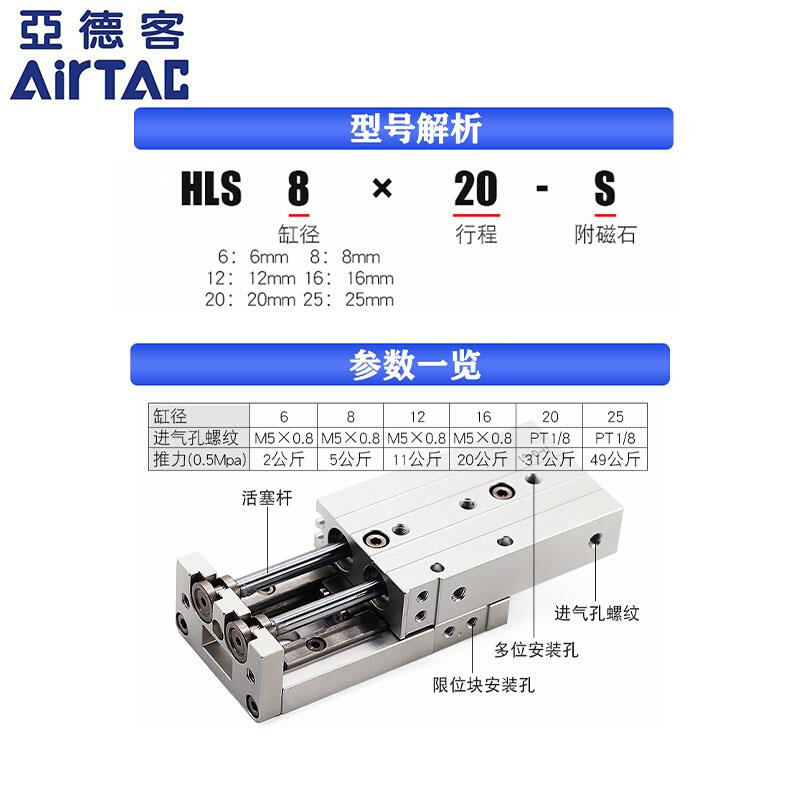 滑台0气缸HLS HLQ6/8/1/16X10X20X30X4X50X752SA/SAS/SBSAF 标准件/零部件/工业耗材 气缸 原图主图