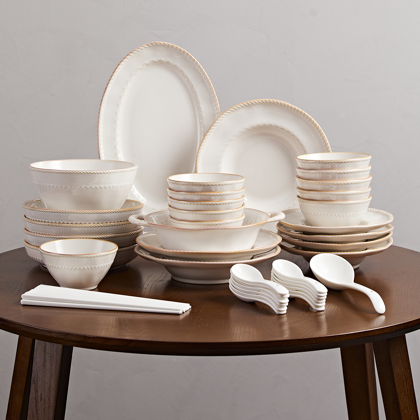 景德镇家用新款陶瓷碗盘子乔迁餐具绳边系列白色【单碗单盘组合】