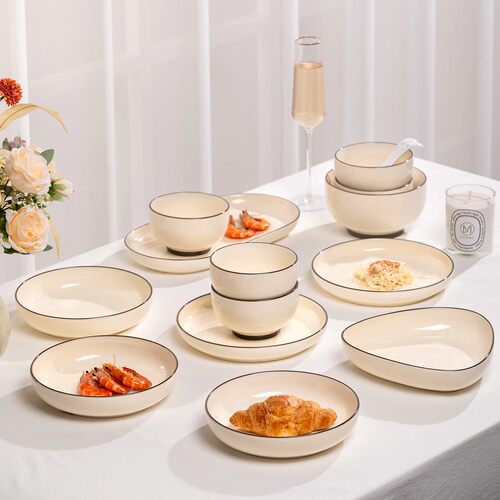 景德镇高温釉下彩家用新款奶油风餐具碗盘玉白描棕【单个餐具】