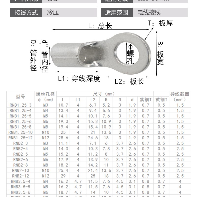 RNB1.25/2/3.5/5.5/38-4/5B/6/8/10/12紫铜冷压圆型O形接线鼻端子