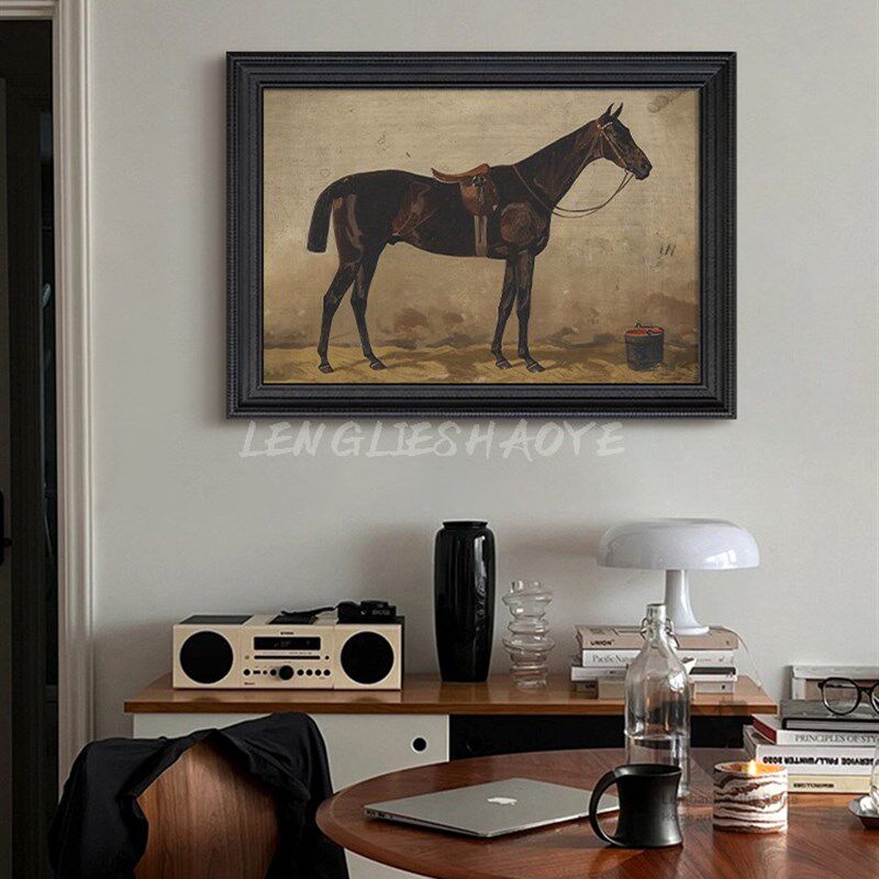 马到成功客厅书房装饰画中古原木风手绘油画抽P象骏马玄关覆古挂