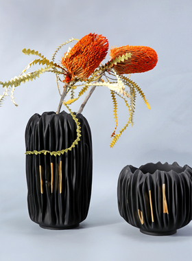 现代北欧简约黑色描金花瓶摆件现代样G板房间客厅玄关餐桌装饰花