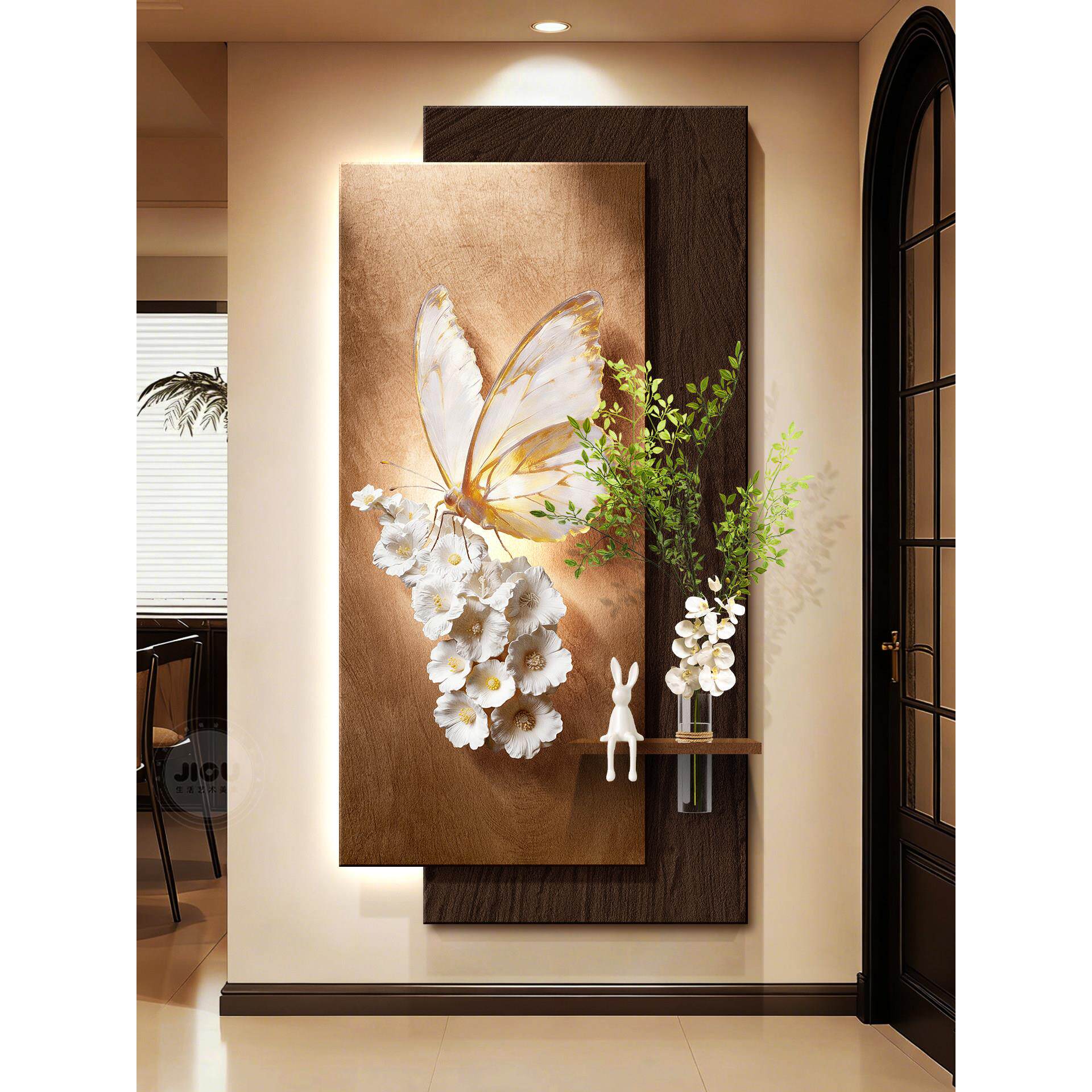 中古风玄关装饰画浮雕感蝴蝶花卉走廊挂画砂岩水培绿植入户壁画灯