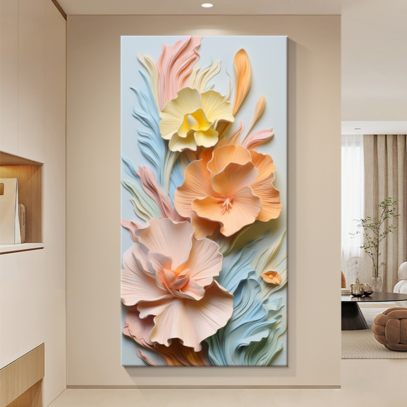 奶油风立体浮雕花卉玄关装饰画抽象艺术走廊过道尽头壁画客厅挂画图片