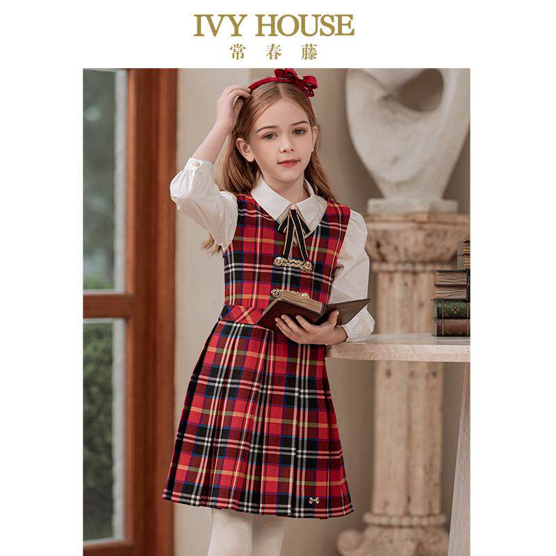 IVY HOUSE常春藤儿童装女童连衣裙秋季款 格纹背心裙经典学院文艺