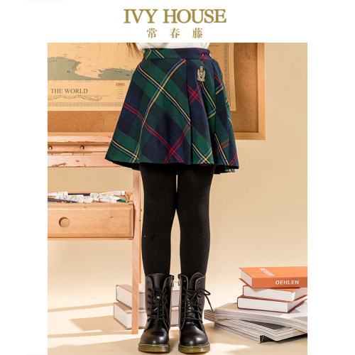 IVY HOUSE常春藤女童短裙春季新款经典不对称墨绿格纹百褶裙