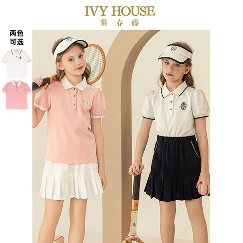 IVY HOUSE常春藤儿童装女童夏季新款泡泡袖学院短袖POLO衫T恤打底