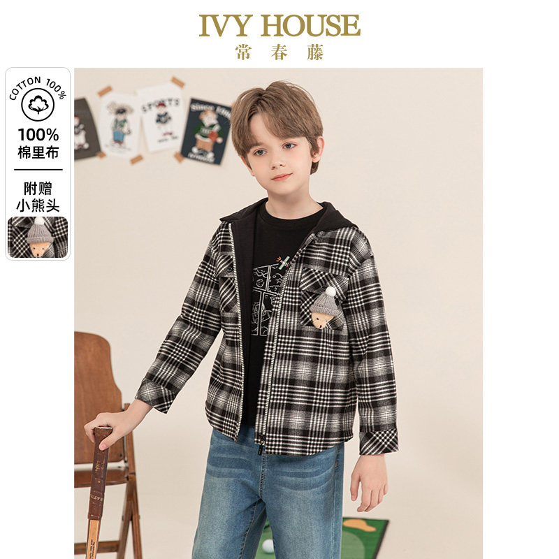 IVY HOUSE常春藤儿童装男童秋季款 厚实格子连帽衬衫式外套学院风