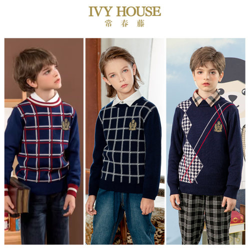 IVY HOUSE常春藤儿童装男童冬季新款 圆领毛衣纯羊毛格子提花学院