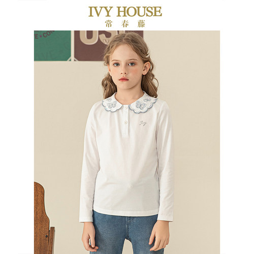 IVY HOUSE常春藤儿童装女童春季新款蝴蝶绣花领针织上衣T恤学院风