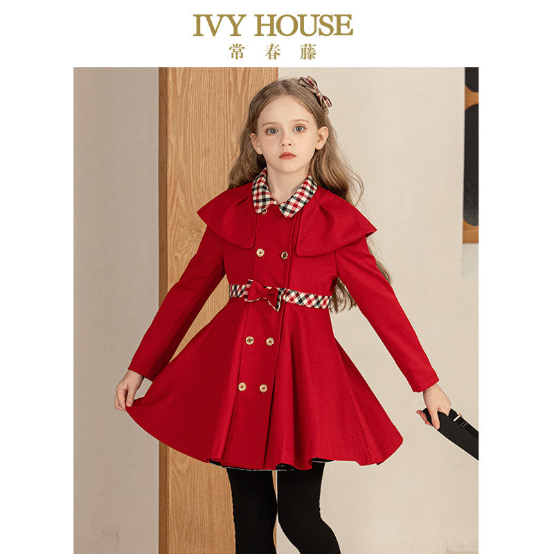 IVY HOUSE常春藤儿童装女童秋款 双排扣大衣中长款风衣外套新年装