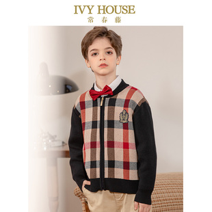 开襟线衫 IVY 新款 男童秋季 外套拉链复古格纹上衣 HOUSE常春藤童装