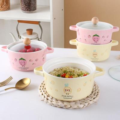 双耳汤碗带盖碗家用陶瓷碗可微波炉加热专用面碗泡面碗陶瓷双耳碗