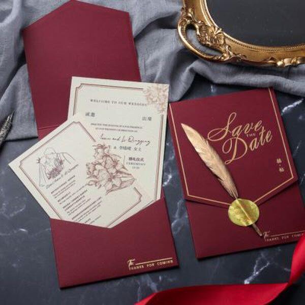 请柬结婚喜帖2022婚礼邀请函红色羽毛欧式创意婚宴高档请帖定制