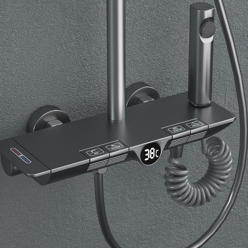 枪灰色淋浴花洒套装钢s琴按键恒温数显液态硅胶增压大顶喷