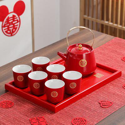 结婚茶具陶瓷婚庆敬茶杯茶壶家用客厅红色喜茶杯子陪嫁茶具套装