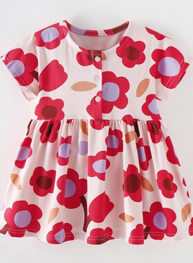 女童红色短袖连衣裙宝宝纯棉夏装中小童大花公主裙儿童A字裙田园2