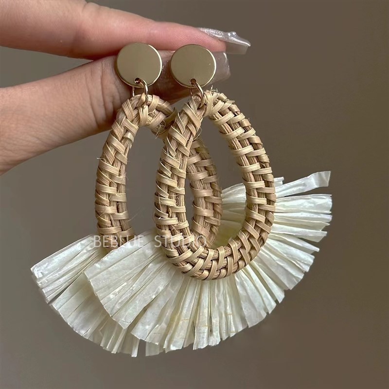 滨海夏日b~度假民族风夸张藤编扇形耳环女小众海边氛围感耳钉耳饰