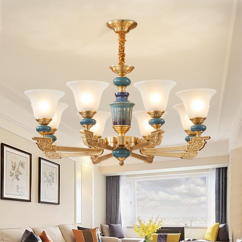 全铜欧式客厅卧室餐厅吊灯奢华大气美式复古陶瓷灯饰别墅家用灯具