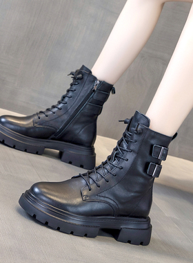 马丁靴女英伦风2021新款真皮百搭厚底防滑高帮加绒短筒皮带扣短靴